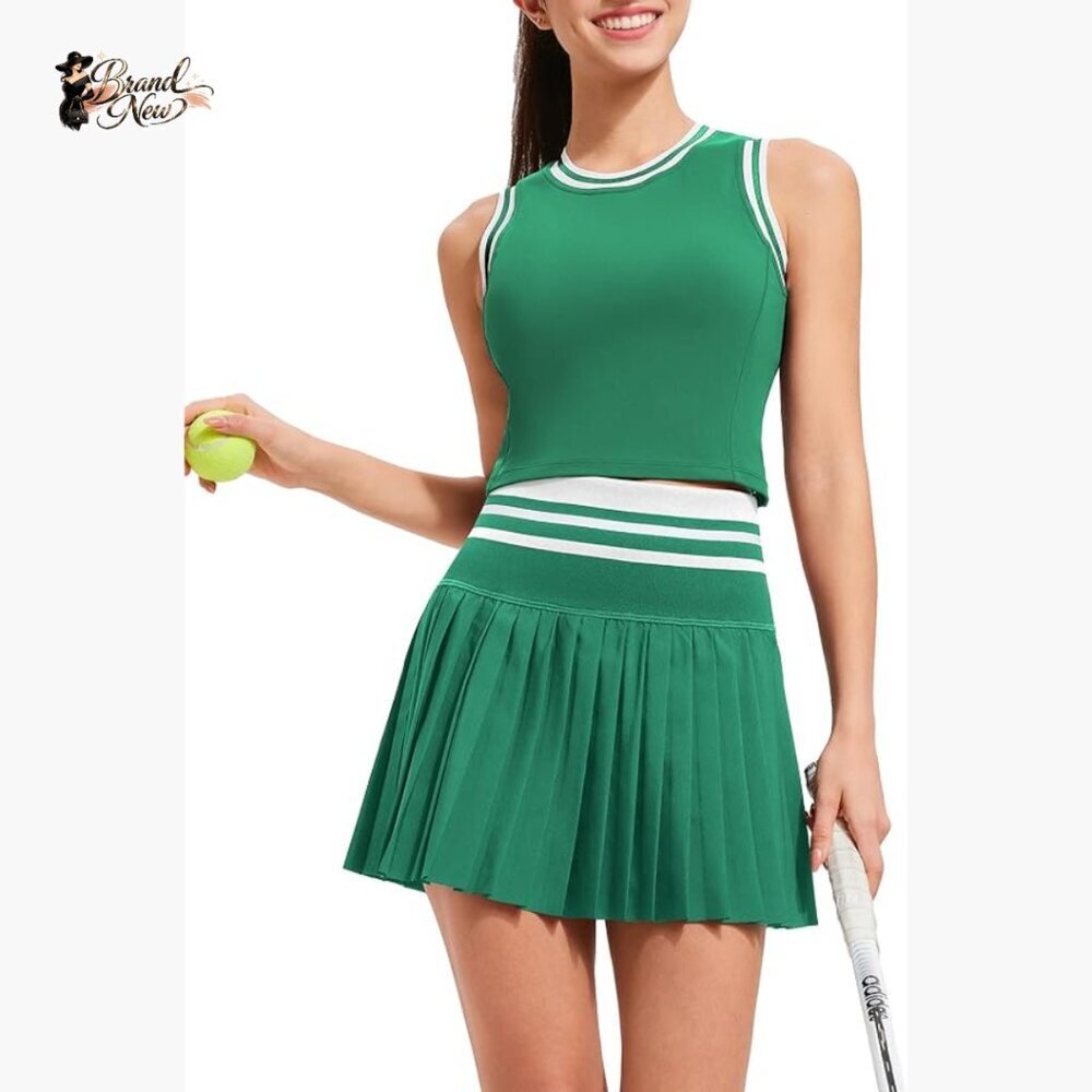 High Waisted Pleated Tennis Skirt Set with Built-in Bra and Pockets